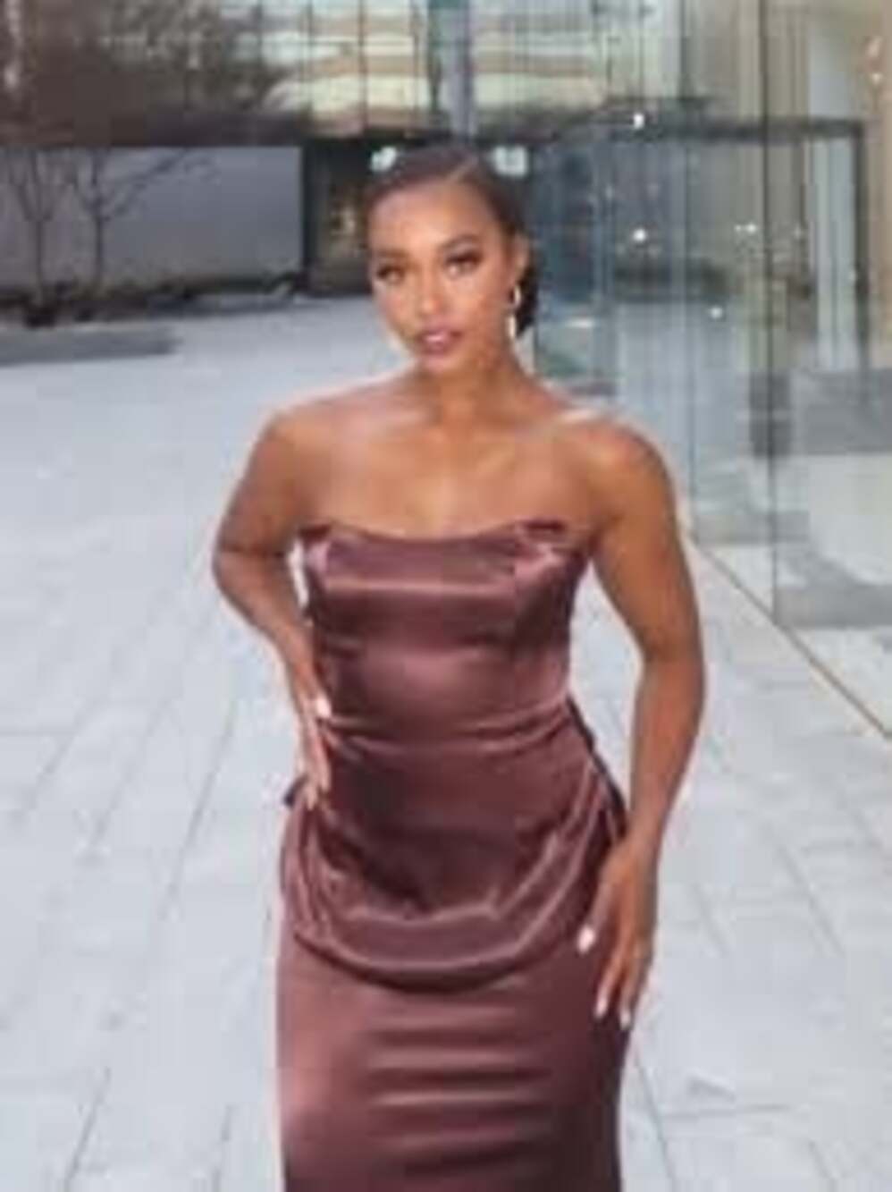 Missacc Chocolate Brown Strapless Satin Gown with Ruched Bodice and Back Bow Sz
